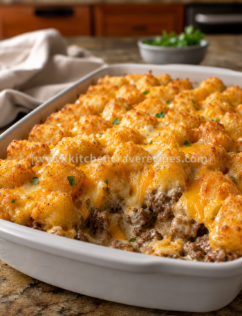 Cheesy tater tot casserole with golden crispy topping
