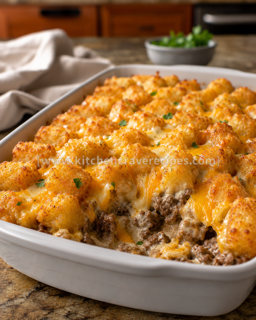 Cheesy tater tot casserole with golden crispy topping