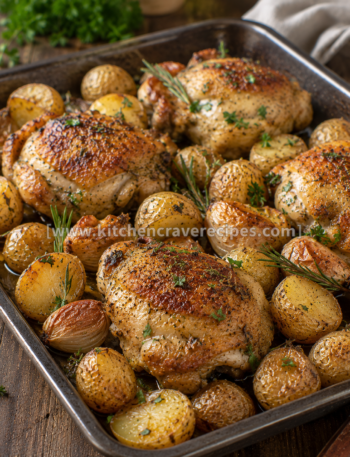 Garlic herb roasted chicken golden brown and garnished with herbs