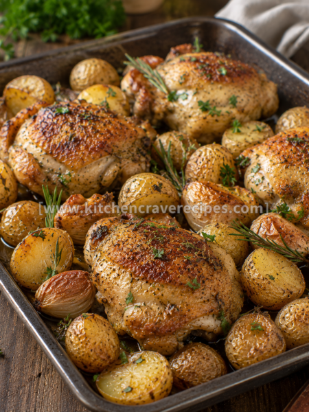 Garlic herb roasted chicken golden brown and garnished with herbs