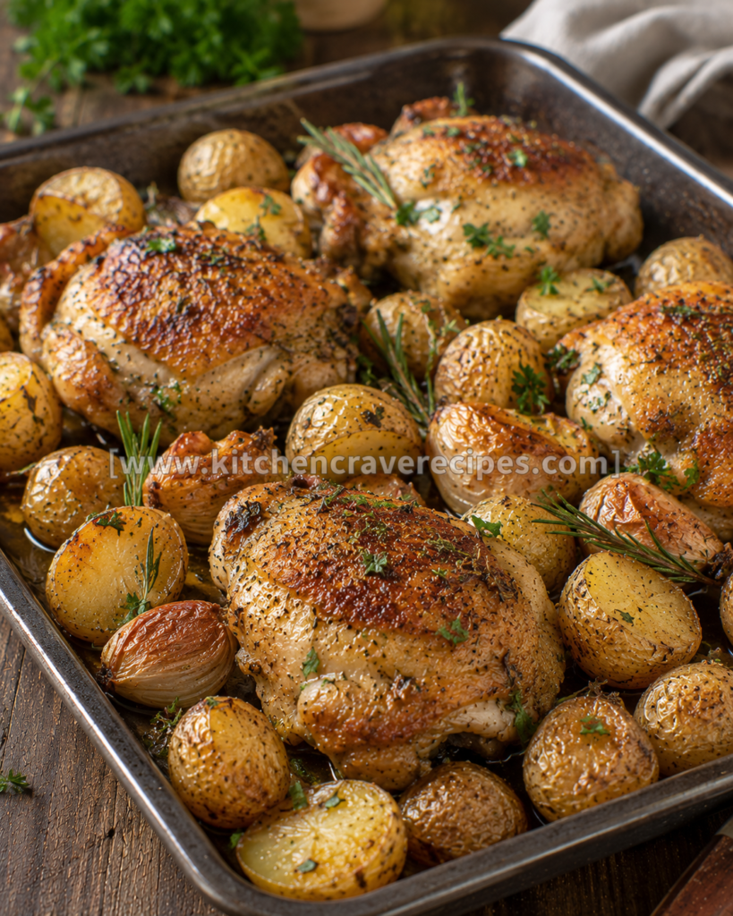 Garlic herb roasted chicken golden brown and garnished with herbs