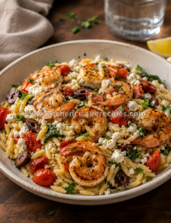 Greek shrimp with orzo and feta in a Staub cast-iron skillet filled with charred sautéed shrimp, halved red and yellow cherry tomatoes, Kalamata and green olives, crumbled feta, and fresh herbs — Greek shrimp with orzo and feta
