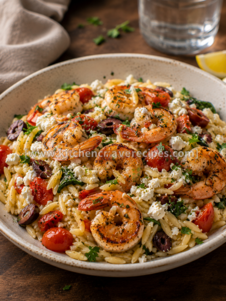 Greek shrimp with orzo and feta in a Staub cast-iron skillet filled with charred sautéed shrimp, halved red and yellow cherry tomatoes, Kalamata and green olives, crumbled feta, and fresh herbs — Greek shrimp with orzo and feta