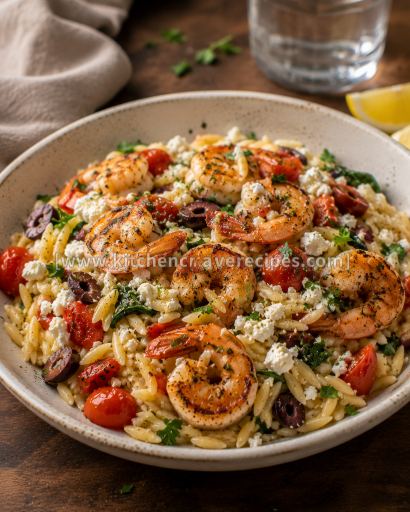 Greek shrimp with orzo and feta in a Staub cast-iron skillet filled with charred sautéed shrimp, halved red and yellow cherry tomatoes, Kalamata and green olives, crumbled feta, and fresh herbs — Greek shrimp with orzo and feta