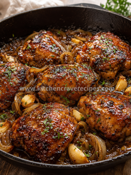 Honey garlic chicken thighs glazed and garnished