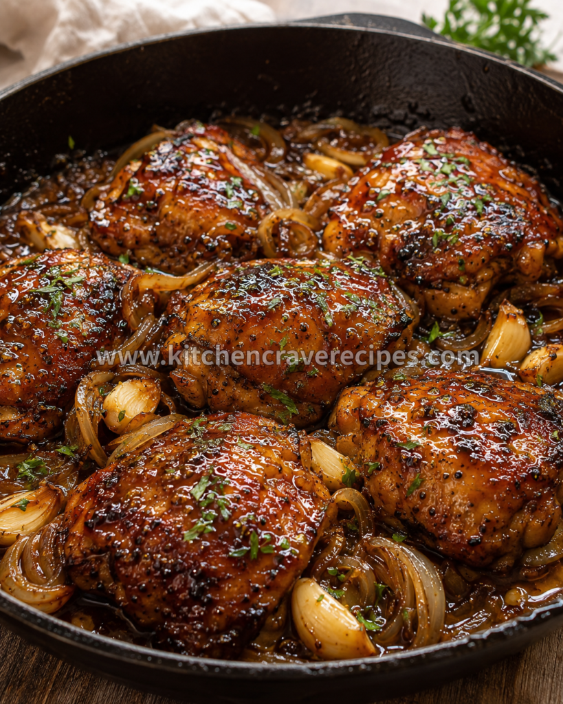 Honey garlic chicken thighs glazed and garnished